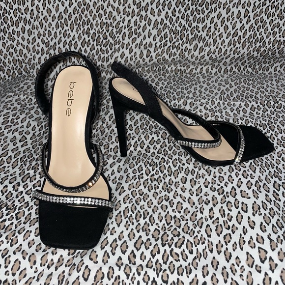 Bebe Black High Heel Suede Sandal Open Toe Bejeweled Rhinestone Bling Strap NWOT - Picture 8 of 12